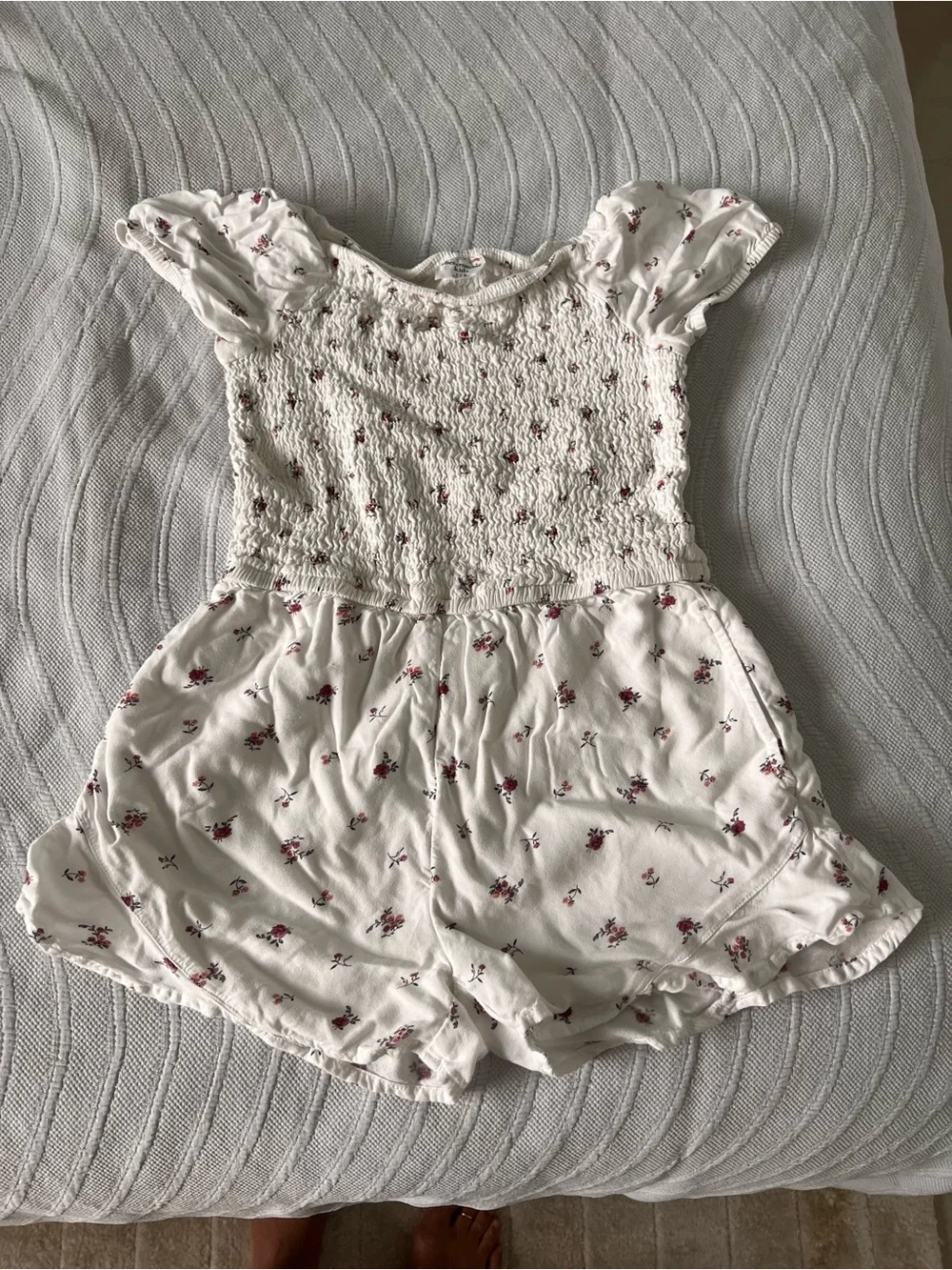 abercrombie kids White Smocked Romper with Small Pink Floral Accents